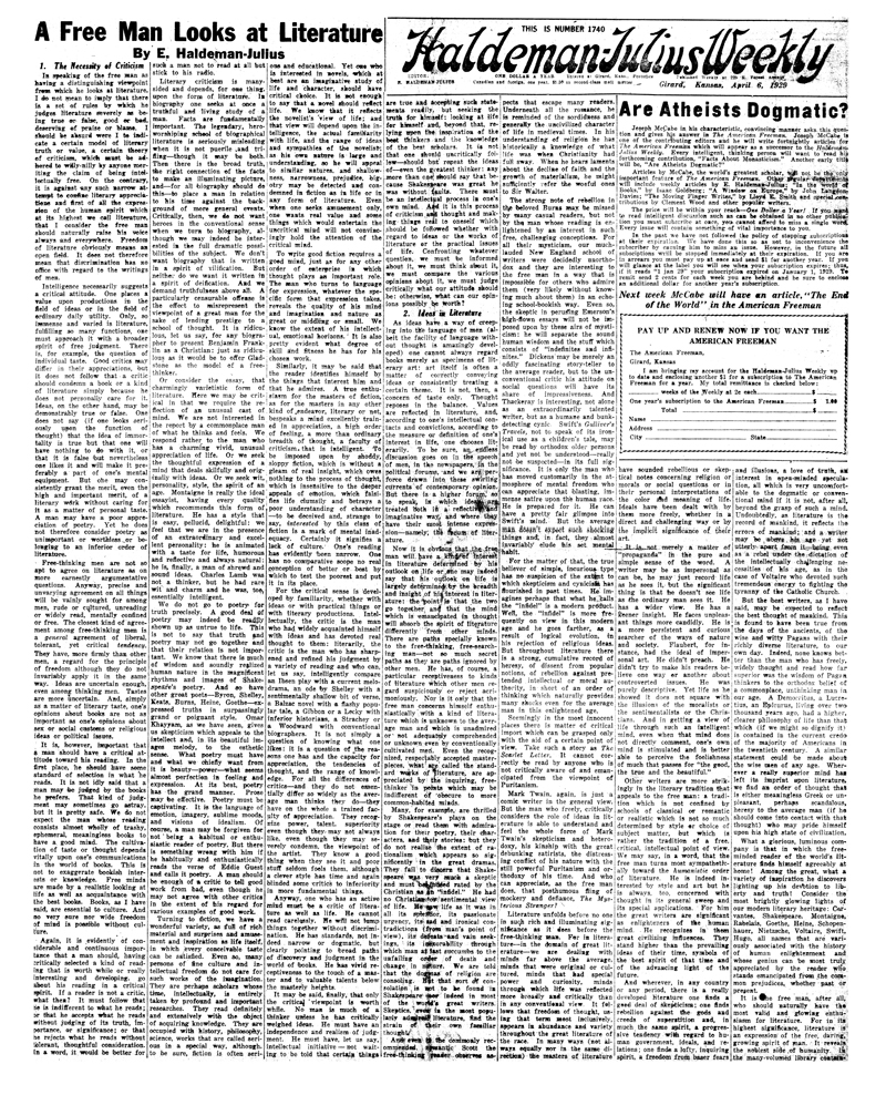 (image for) Haldeman-Julius Weekly, Number 1740, April. 6, 1929. - Click Image to Close